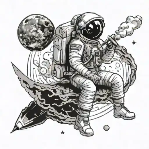 Astronaut Sitting On The Moon smoking  centred tattoo design idea