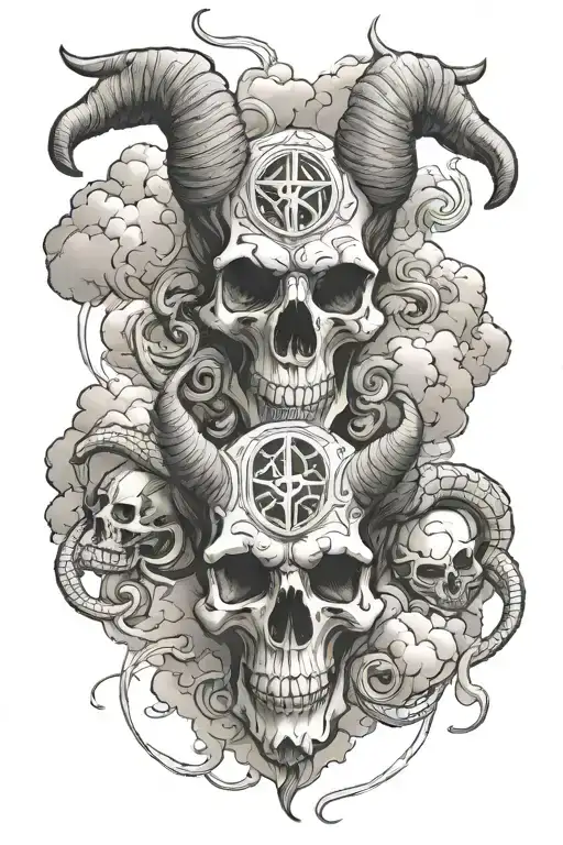 skulls clouds with Capricorn zodiac signs intertwined tattoo design idea