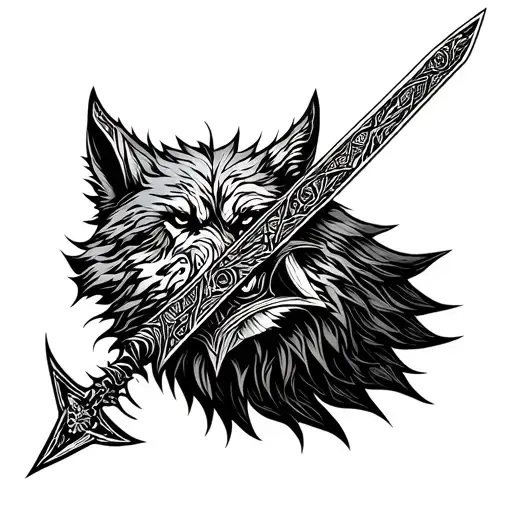 viking sword wolf howling tattoo design idea