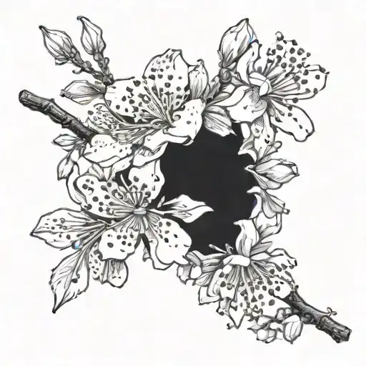 A detailed, artistic illustration of a cherry blossom in a botanical style. Include intricate details of the flowers and tattoo design idea