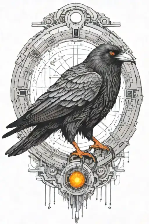cyberpunk synthetic raven with orange robotic eyes inside cyber circle and microschemes high quality watching moon tattoo design idea