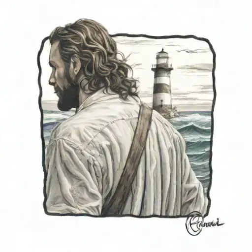 Hyper Realistic, Portrait of Jesus Christ walking from the back towards a Lighthouse in the distance, stormy waters tattoo design idea