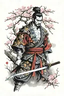 dynasty Japan samurai warrior holding his sword whilst standing below a cherry blossom tree looking village burning tattoo design idea