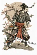 dynasty Japan samurai warrior holding his sword whilst standing below a cherry blossom tree looking village burning tattoo design idea