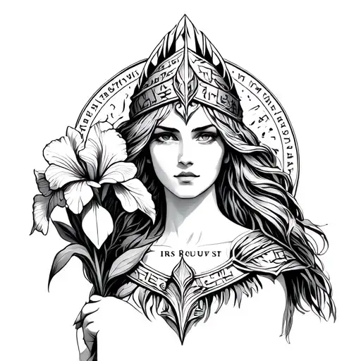 Valkyrie holding an Iris flower, with the word Iris in runes somewhere in the image. I want some texture, pattern or sym tattoo design idea