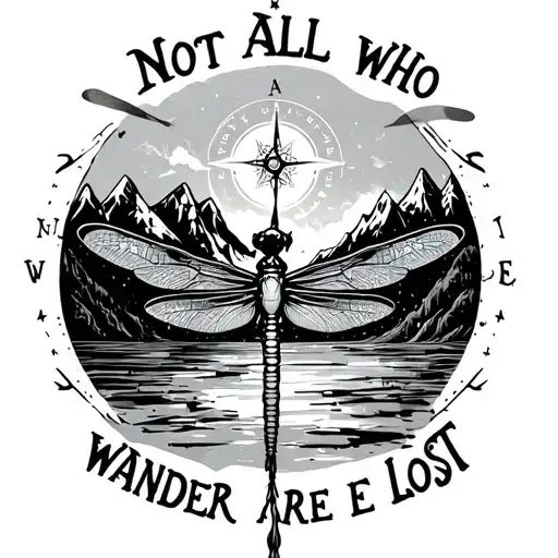 "not all who wander are lost" compass mountains dragonfly tattoo design idea