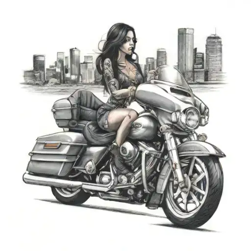 Harley street glide and lowrider with chicana girl with a city skyline background tattoo design idea