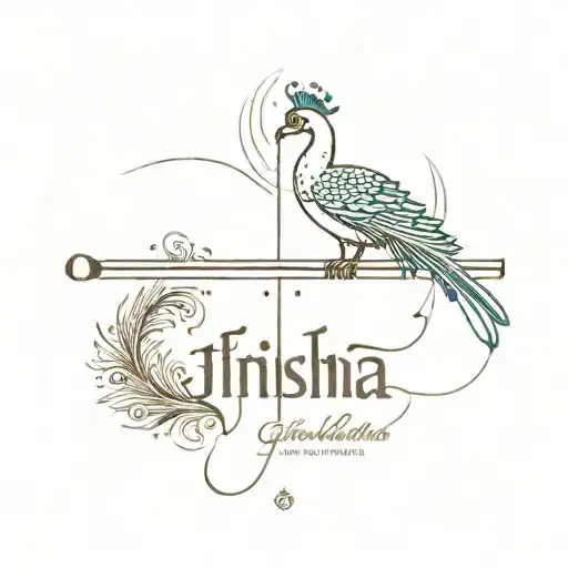 Flute with one peacock feather at the end and sri krishna written in bottom in hindi tattoo design idea