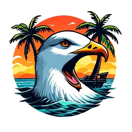 loud seagull head with palm trees colors sunset tattoo design idea