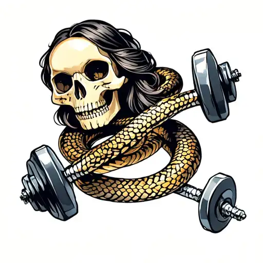 girl  skull snake weight dumbbell intertwined tattoo design idea