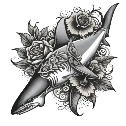shark with black roses mayflowers hibiscus tattoo design idea