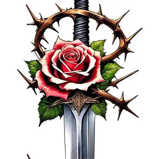 rose with sword and thorns wrapped around most of the sword tattoo design idea