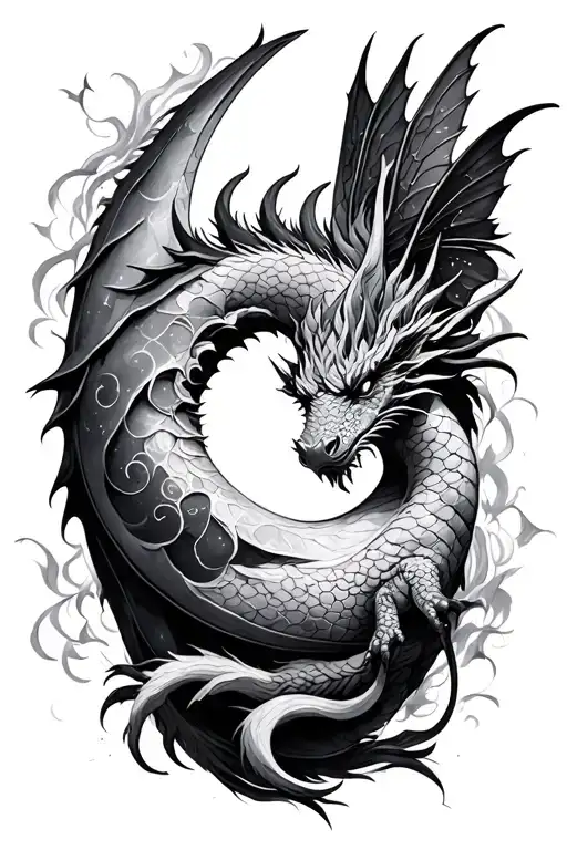 dragon and fairy sleeping moon surrounded tattoo design idea