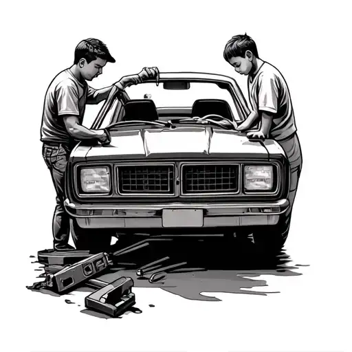 father and son are repairing a car tattoo design idea