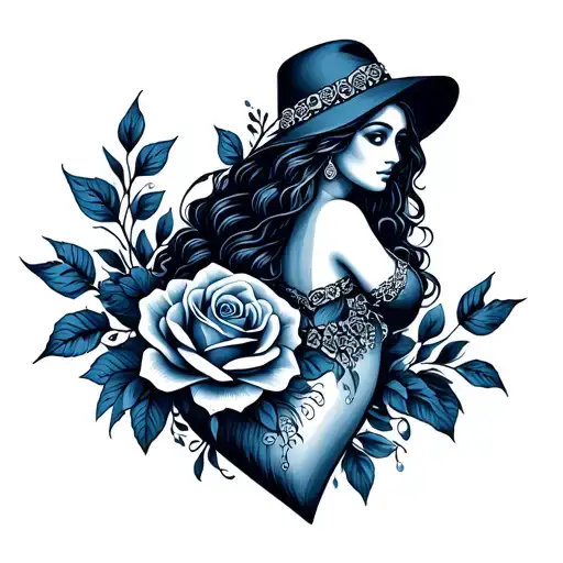 Simple heart Mexican Talavera style blue ink fine lines Tattoo with roses and sexy lady fine lines everything connect tattoo design idea