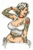 Sexy girl, Huge boobs, cleavage, petite, pure white eyes, torn clothing, short white bob hairstyle, waist up view  tattoo design idea