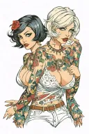 Sexy girl, Huge boobs, cleavage, petite, pure white eyes, torn clothing, short white bob hairstyle, waist up view  tattoo design idea
