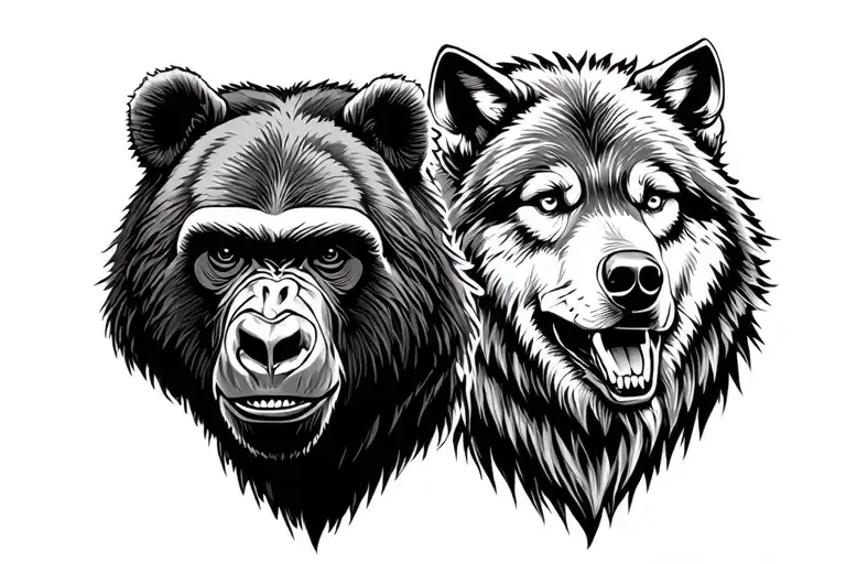 Grizzly Bear face, Gorilla face and Wolf face tattoo design idea