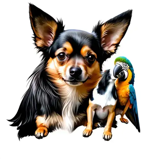 German shepherd with a long haired Chihuahua black and grey and a short hair Chihuahua fawn with a green wing macaw  tattoo design idea