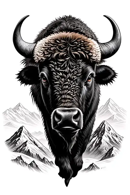 bison head leading into mountain landscape  tattoo design idea
