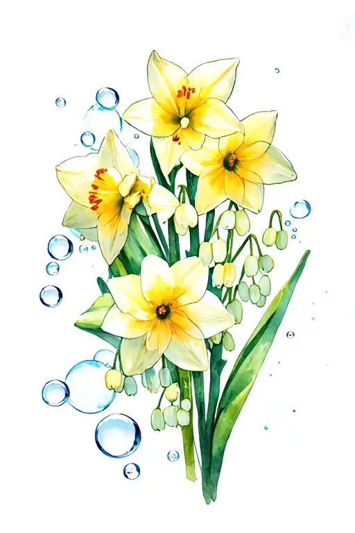 daffodils, lily of the valley and aster flowers surrounded by bubbles  tattoo design idea