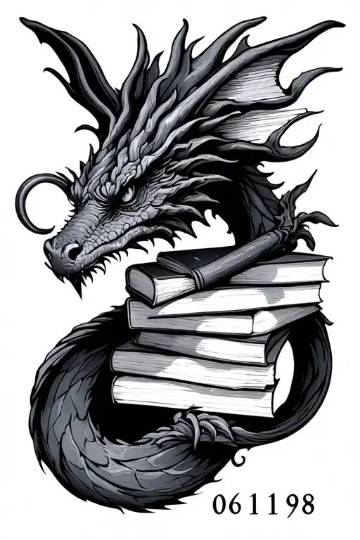 Anagram of the number 061198 (date of birth) with the addition of elements that mean love for books and for dragonomastil minimalism tattoo design idea