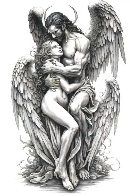 Lucifer as fallen angel embracing Lilith, both beautiful tattoo design idea