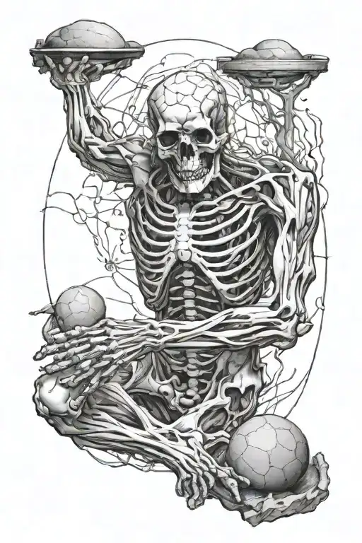 An image of the ancient Greek god Atlas, who is a skeleton with flesh growing on it and holds a stone on his hands. tattoo design idea