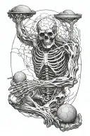 An image of the ancient Greek god Atlas, who is a skeleton with flesh growing on it and holds a stone on his hands. tattoo design idea