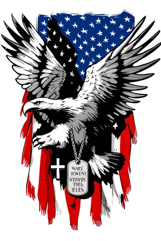 soaring american flag eagle holding a cross and veterans dog tags tattoo design idea