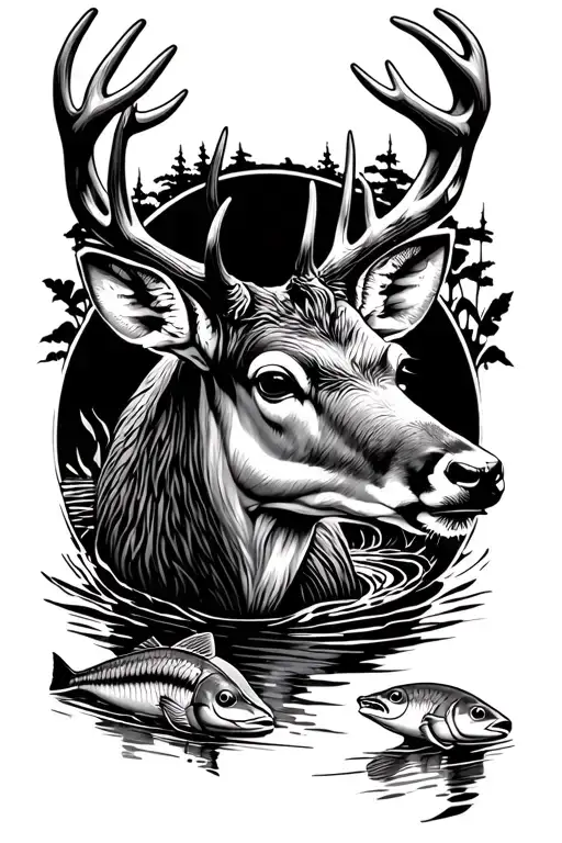 white tail deer, catfish, stream running tattoo design idea