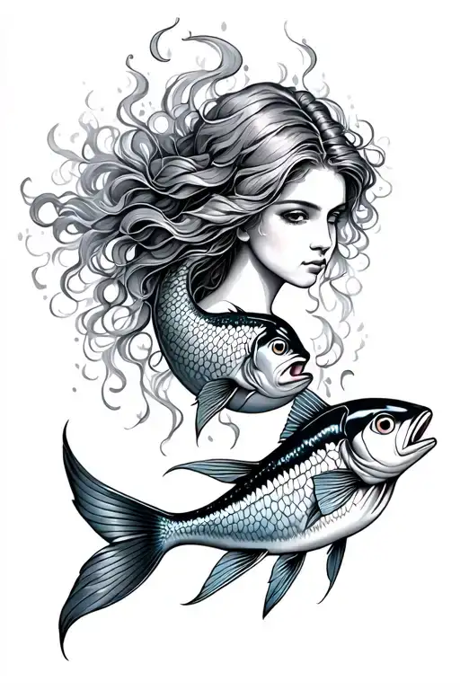 mermaid head looking forward, with flowy hair surrounded by two fish to represent Pisces  tattoo design idea