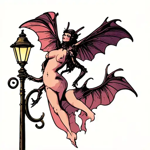 mothman pin up style with old fashioned street lamp tattoo design idea