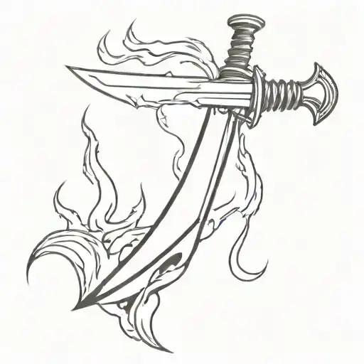 Minimalist tattoo design of a sleek sword with a chain wrapped around it. Flames and sparks emerge from the blade tattoo design idea