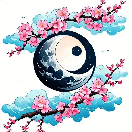 Cherry Blossom Moon with clouds surrounding tattoo design idea