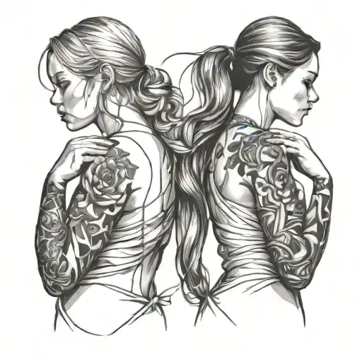 outline of 2 sistersstanding side by side, each with one arm bent at the elbow. Their forearms curve toward each other tattoo design idea