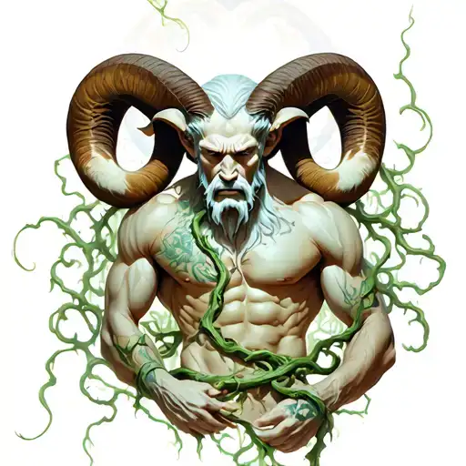 Aries god, muscular, naked, with toxic vines wrapped tattoo design idea