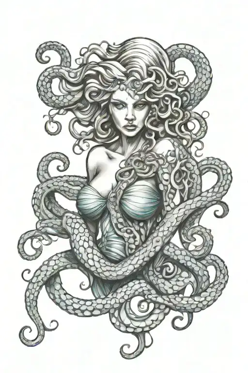 warrior mermaid and octopus tentacles tattoo design idea