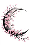 crescent moon covered in cherry blossoms wrapped around it petals blowing away tattoo design idea