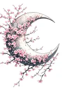 crescent moon covered in cherry blossoms wrapped around it petals blowing away tattoo design idea