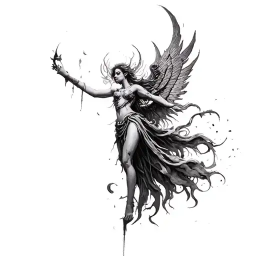 Solvable dilapidated goddess of chaos driven by greed and ambition tattoo design idea