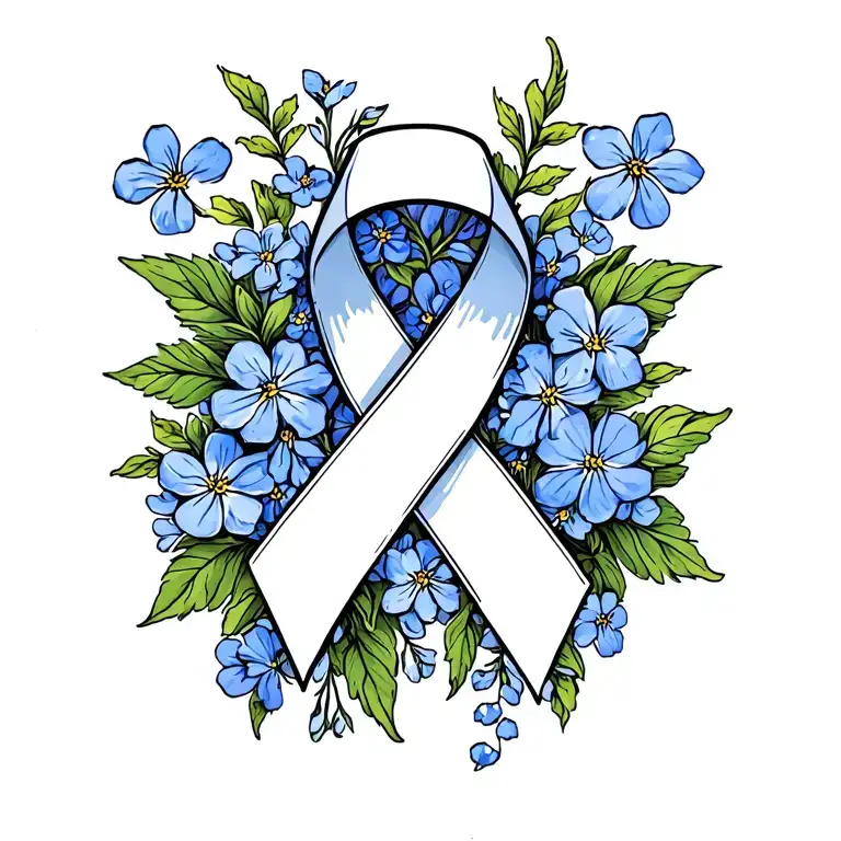 Alzheimer ribbon and forget me nots surrounding it tattoo design idea