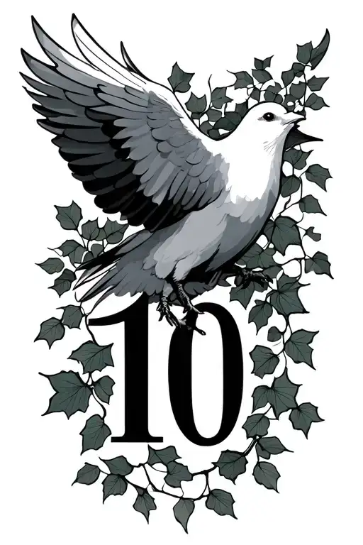 “Create a minimalist tattoo of a dove with ivy above and the number 10 tattoo design idea
