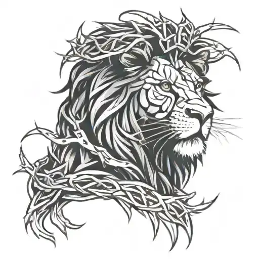 A powerful lion with a crown of thorns, representing strength and faith tattoo design idea