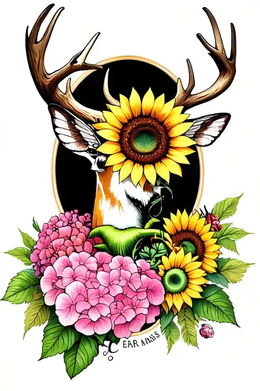 Create a tattoo that has a deer antler with sunflowers, pink hydrangeas, and venus fly trap wrapped throughout tattoo design idea