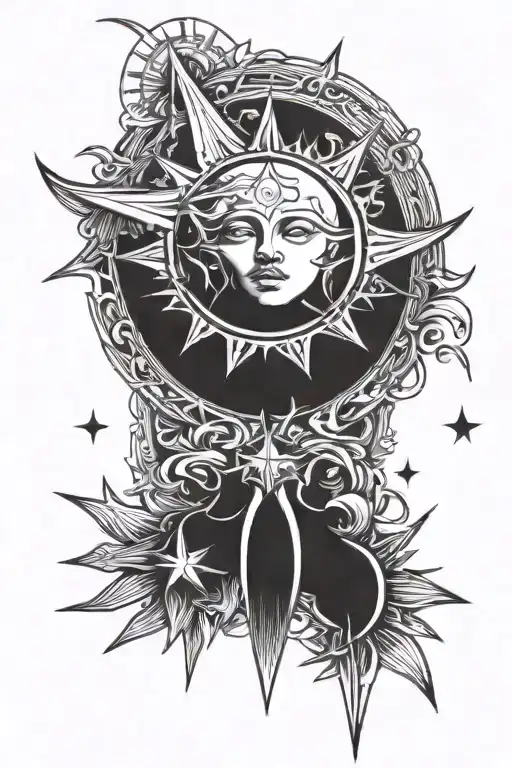 sun, moon, and star. not overlapping. just lineart, no shading. smooth lines. star is four pointed.  tattoo design idea