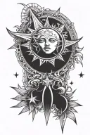 sun, moon, and star. not overlapping. just lineart, no shading. smooth lines. star is four pointed.  tattoo design idea