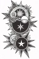 sun, moon, and star. not overlapping. just lineart, no shading. smooth lines. star is four pointed.  tattoo design idea