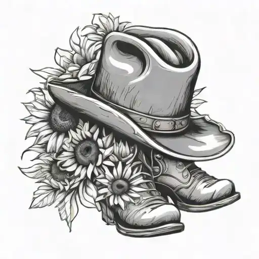 cowboy hat, boots and sunflowers tattoo design idea
