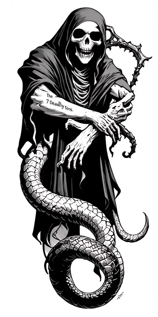 grim reaper on shoulder with serpant rapping around underneath down forearm. in serpant's skin reads the 7 deadly sins/v tattoo design idea